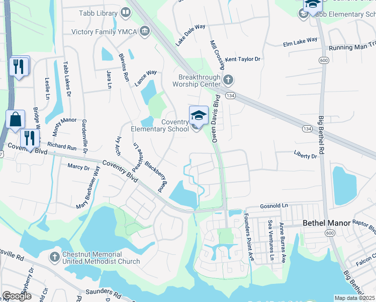 map of restaurants, bars, coffee shops, grocery stores, and more near 136 Seekright Drive in Yorktown