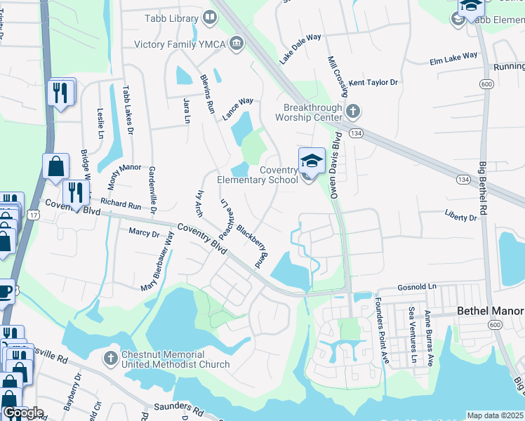 map of restaurants, bars, coffee shops, grocery stores, and more near 203 Richter Lane in Yorktown