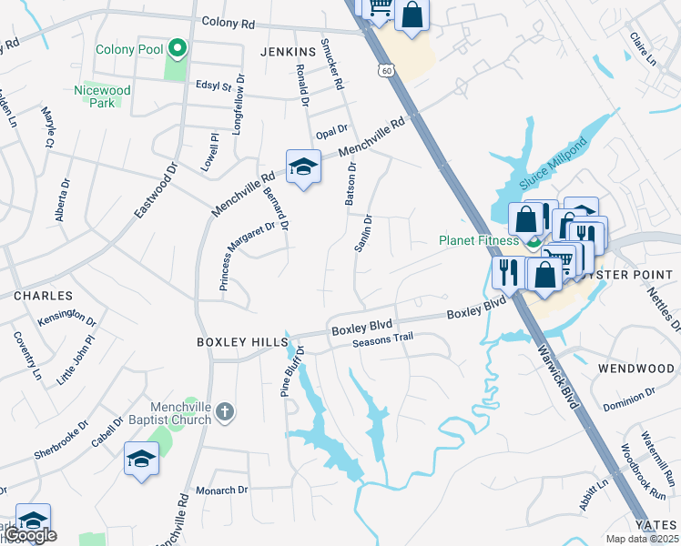 map of restaurants, bars, coffee shops, grocery stores, and more near 2 Polly Court in Newport News