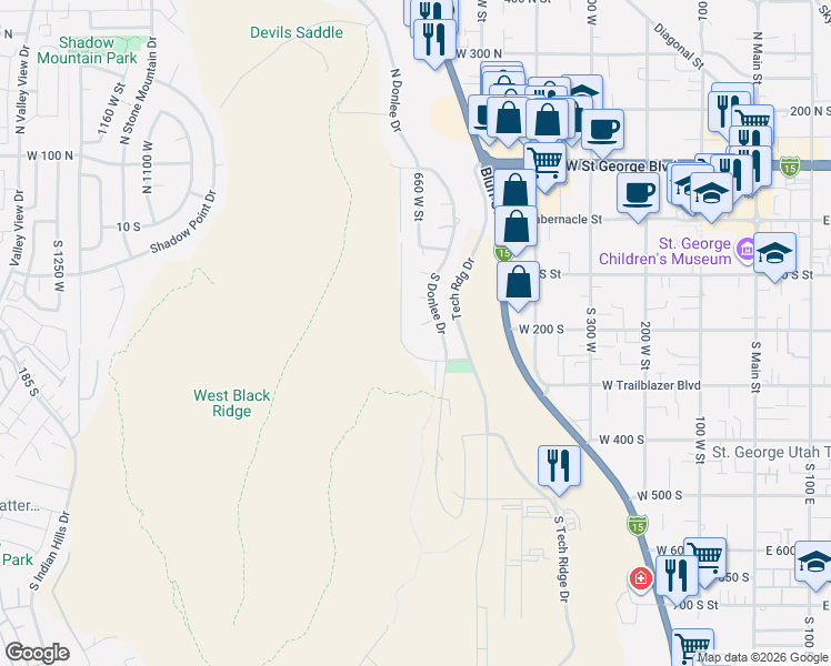map of restaurants, bars, coffee shops, grocery stores, and more near 607 West 180 South Circle in St. George