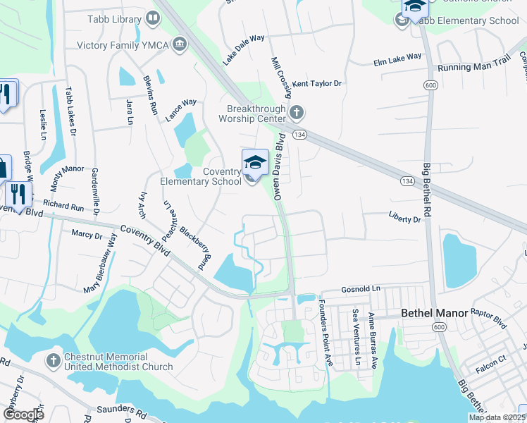 map of restaurants, bars, coffee shops, grocery stores, and more near 114 Seekright Drive in Yorktown
