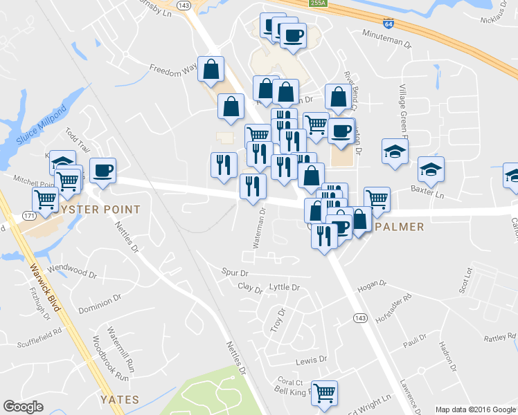 map of restaurants, bars, coffee shops, grocery stores, and more near 12091 Waterman Drive in Newport News