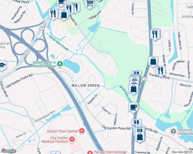 map of restaurants, bars, coffee shops, grocery stores, and more near 1150 Willow Green Drive in Newport News