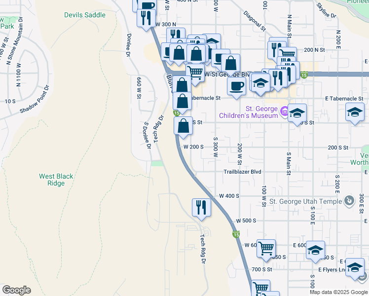 map of restaurants, bars, coffee shops, grocery stores, and more near 205 South Bluff Street in St. George