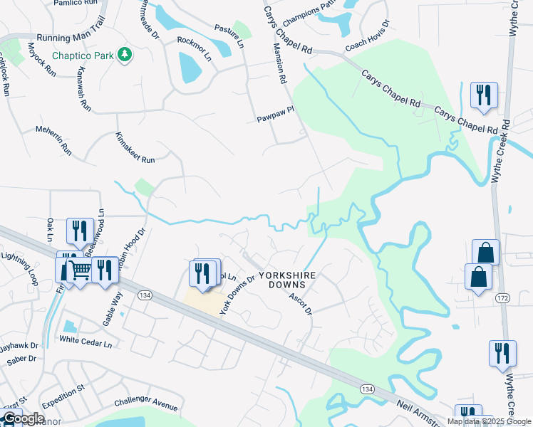 map of restaurants, bars, coffee shops, grocery stores, and more near 301 York Downs Drive in Yorktown