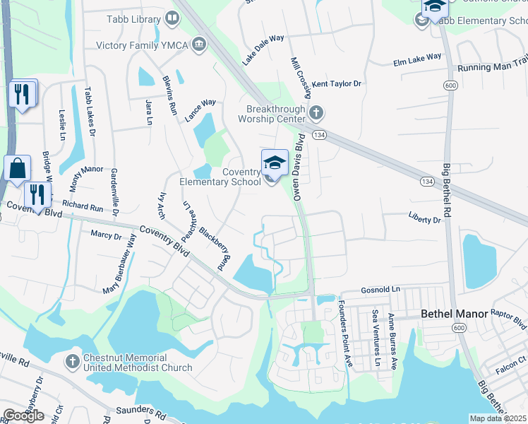 map of restaurants, bars, coffee shops, grocery stores, and more near 132 Seekright Drive in Yorktown