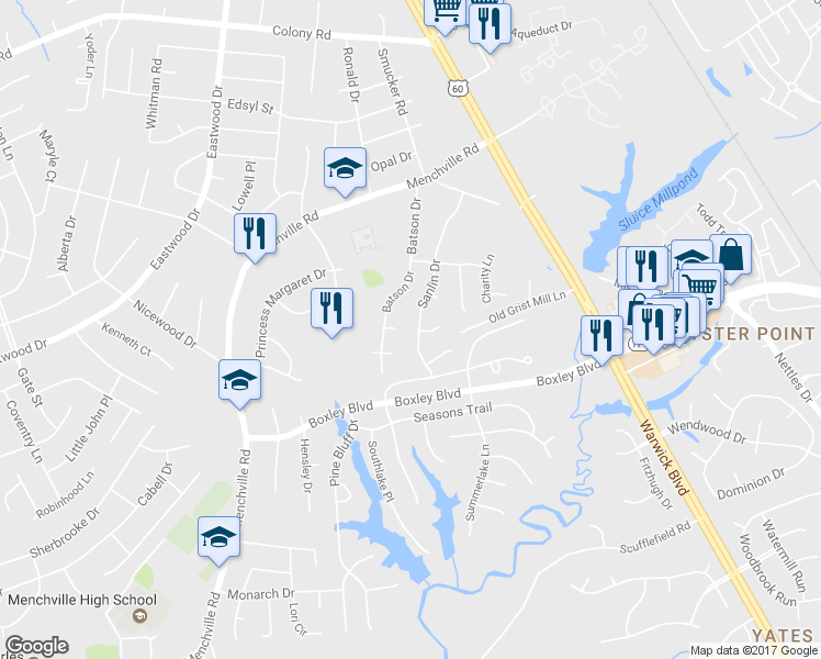 map of restaurants, bars, coffee shops, grocery stores, and more near 261 Sanlin Drive in Newport News
