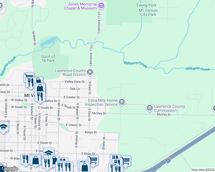map of restaurants, bars, coffee shops, grocery stores, and more near 1199 Robin's Nest Hill in Mt Vernon