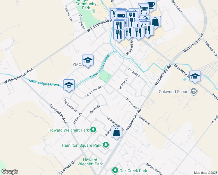 map of restaurants, bars, coffee shops, grocery stores, and more near 15505 La Pala Court in Morgan Hill