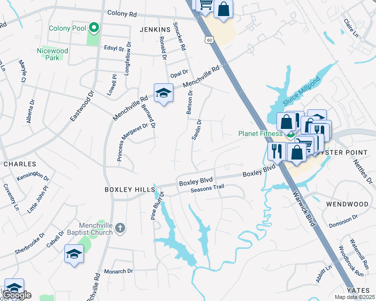map of restaurants, bars, coffee shops, grocery stores, and more near 261 Sanlin Drive in Newport News