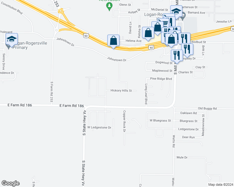 map of restaurants, bars, coffee shops, grocery stores, and more near 1094 East State Highway VV in Rogersville