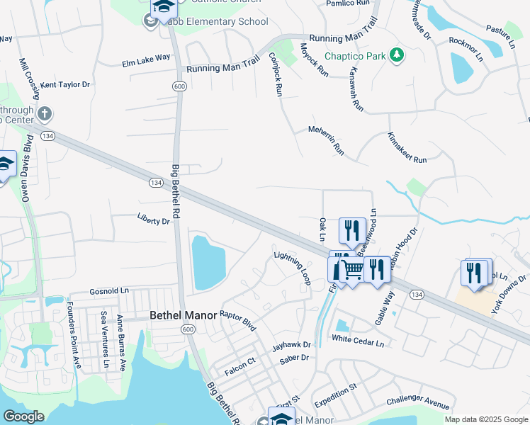 map of restaurants, bars, coffee shops, grocery stores, and more near 2371 Hampton Highway in Yorktown