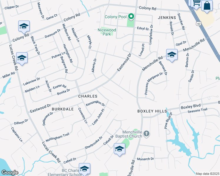 map of restaurants, bars, coffee shops, grocery stores, and more near 122 Kenneth Court in Newport News