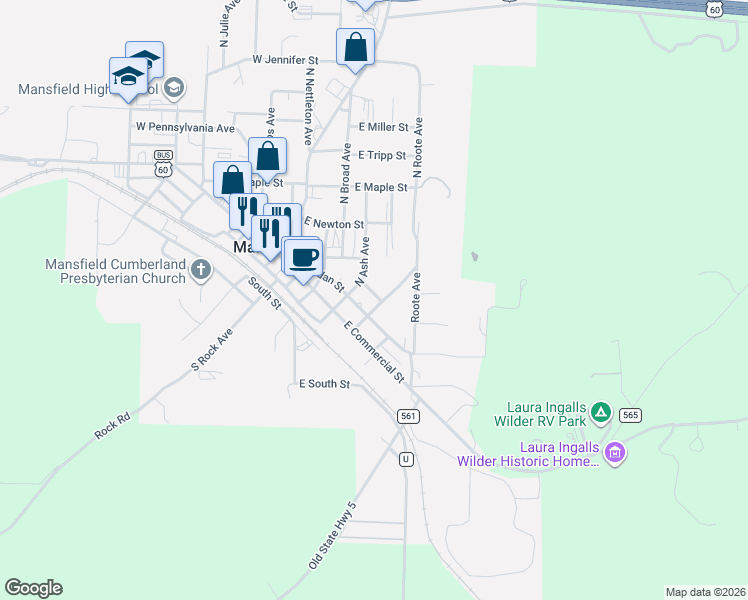 map of restaurants, bars, coffee shops, grocery stores, and more near 100-126 East Francis Street in Mansfield