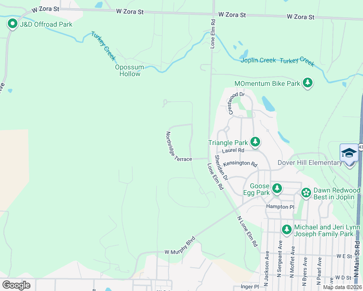 map of restaurants, bars, coffee shops, grocery stores, and more near 1331 Northridge Terrace in Joplin