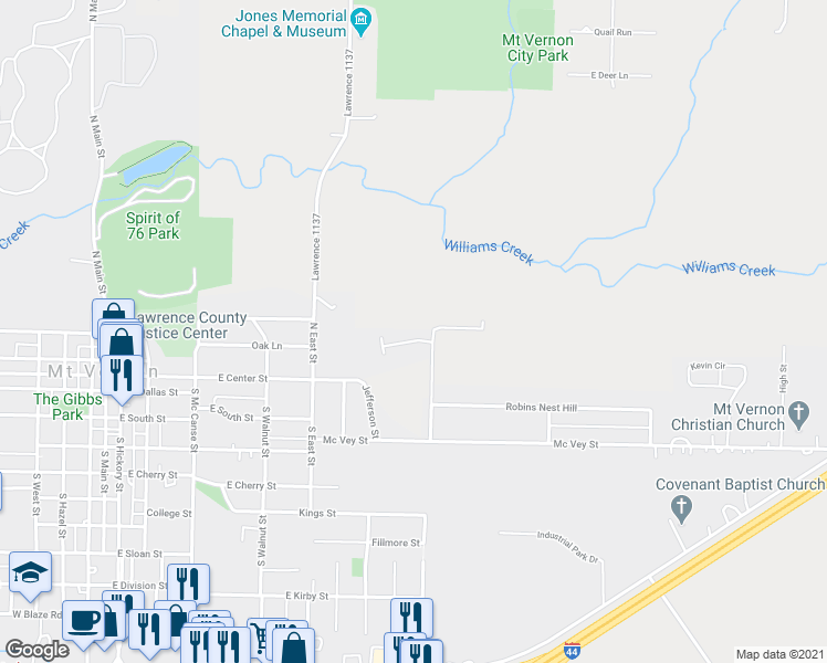 map of restaurants, bars, coffee shops, grocery stores, and more near 1199 Robin's Nest Hill in Mt Vernon
