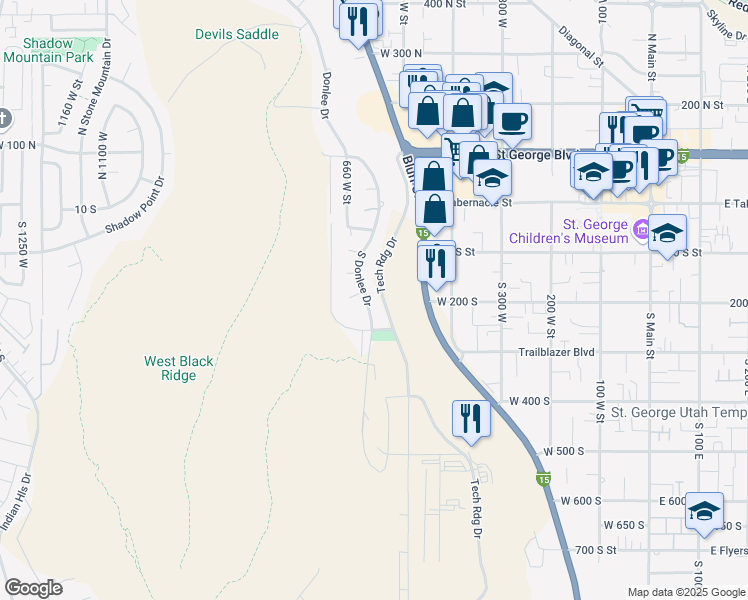 map of restaurants, bars, coffee shops, grocery stores, and more near 205 South Donlee Drive in Saint George