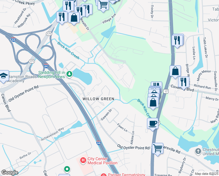 map of restaurants, bars, coffee shops, grocery stores, and more near 1172 Willow Green Drive in Newport News