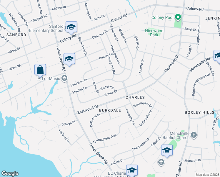 map of restaurants, bars, coffee shops, grocery stores, and more near 290 Malden Lane in Newport News