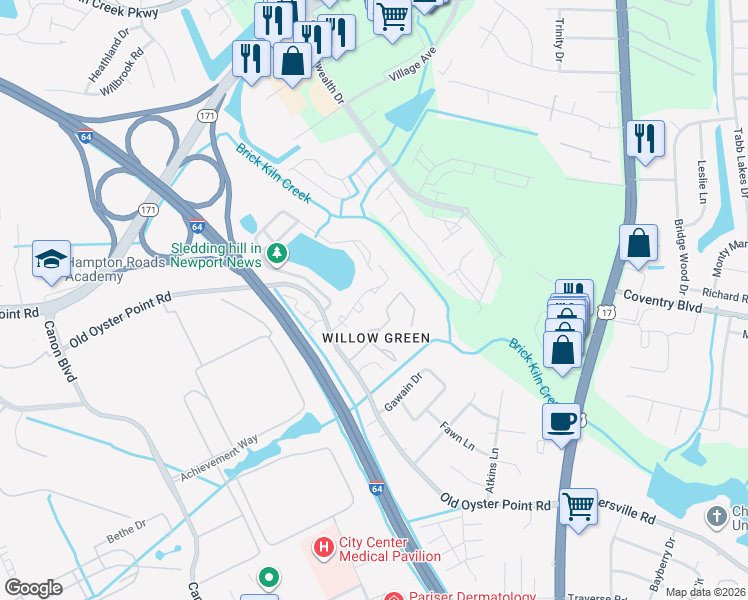 map of restaurants, bars, coffee shops, grocery stores, and more near 1135 North Green Drive in Newport News