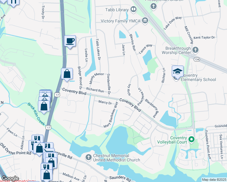 map of restaurants, bars, coffee shops, grocery stores, and more near 104 Conway Court in Yorktown