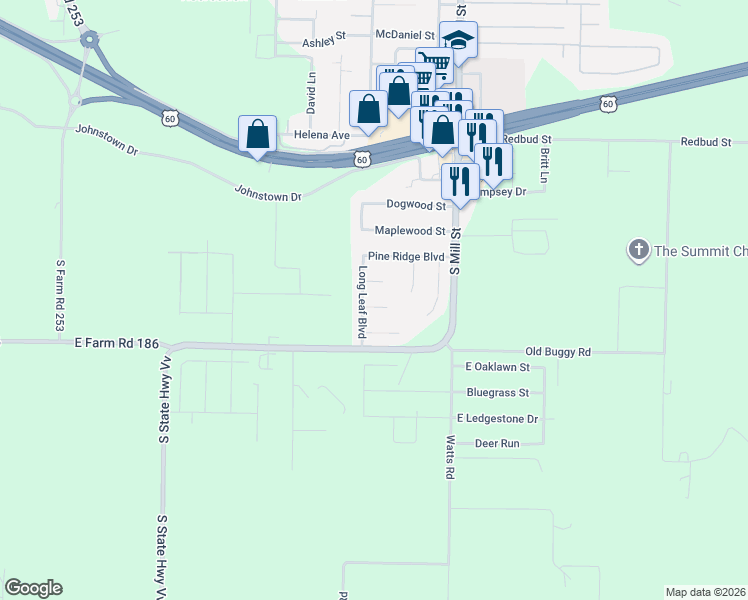 map of restaurants, bars, coffee shops, grocery stores, and more near 101-199 Short Leaf Circle in Rogersville