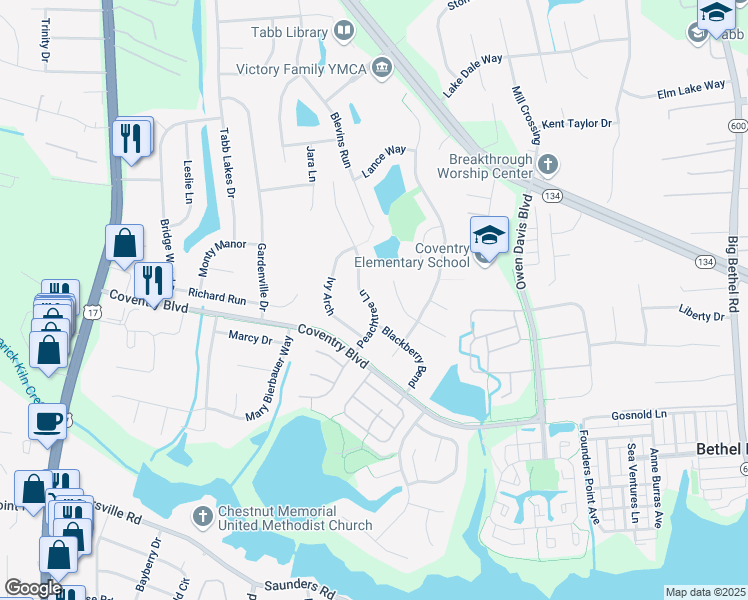 map of restaurants, bars, coffee shops, grocery stores, and more near 306 Peachtree Lane in Yorktown