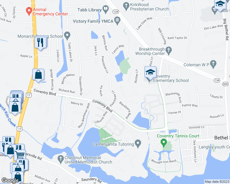 map of restaurants, bars, coffee shops, grocery stores, and more near 306 Peachtree Lane in Yorktown