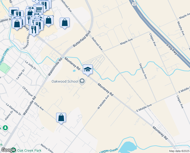 map of restaurants, bars, coffee shops, grocery stores, and more near 15100 Monterey Road in Morgan Hill