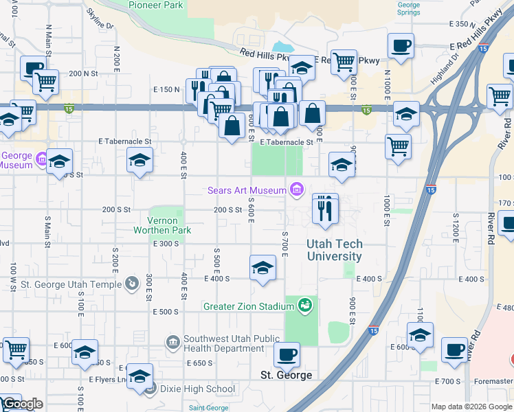 map of restaurants, bars, coffee shops, grocery stores, and more near 197 South 600 East in St. George