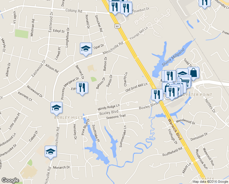 map of restaurants, bars, coffee shops, grocery stores, and more near 9 Maid Marion Circle in Newport News
