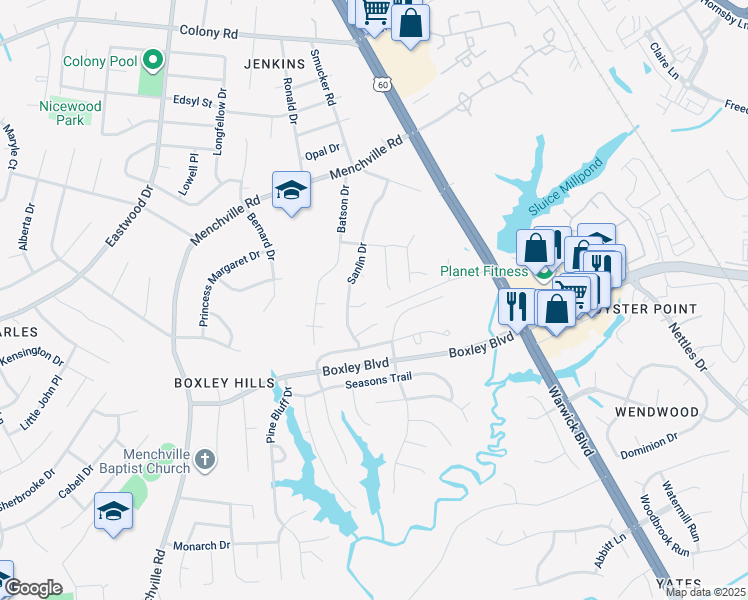 map of restaurants, bars, coffee shops, grocery stores, and more near 9 Maid Marion Circle in Newport News