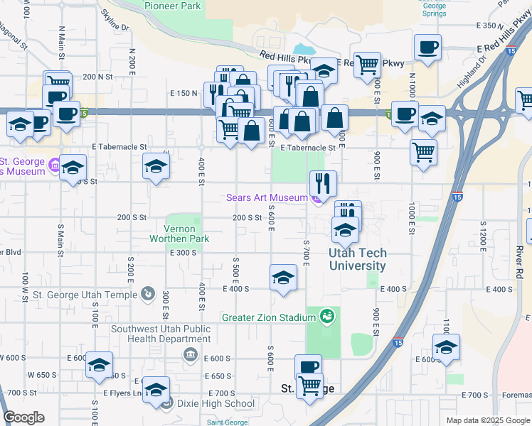 map of restaurants, bars, coffee shops, grocery stores, and more near 194 South 600 East in St. George