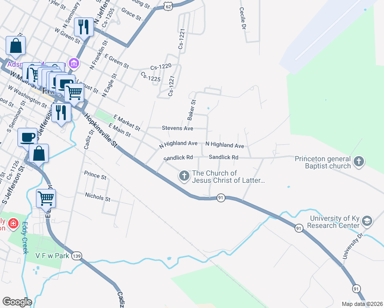 map of restaurants, bars, coffee shops, grocery stores, and more near 110-198 North Highland Avenue in Princeton