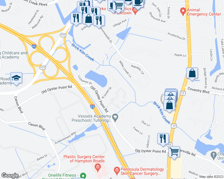 map of restaurants, bars, coffee shops, grocery stores, and more near 1104 North Green Drive in Newport News