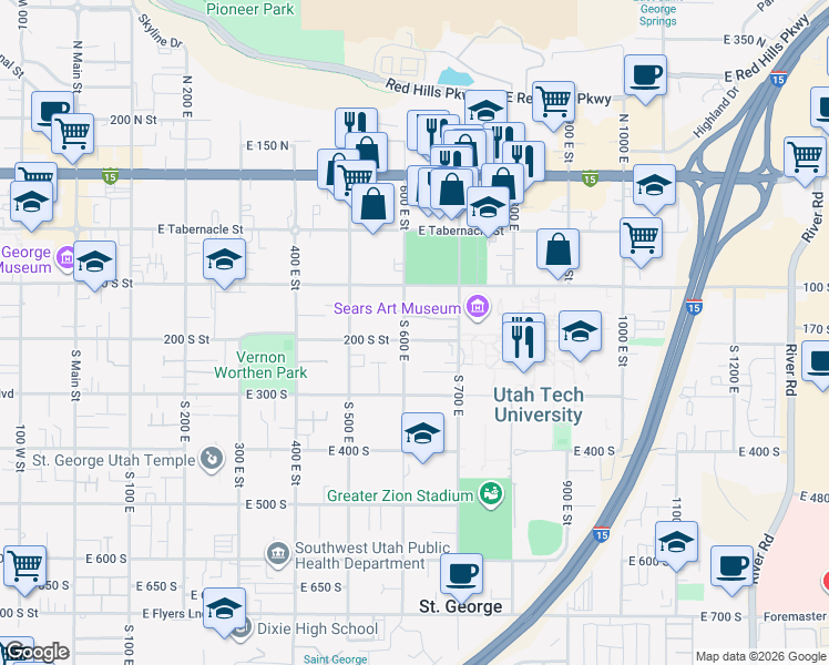 map of restaurants, bars, coffee shops, grocery stores, and more near 197 South 600 East in St. George