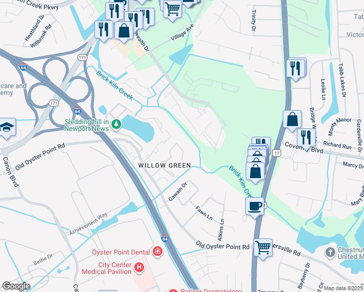 map of restaurants, bars, coffee shops, grocery stores, and more near 1172 Willow Green Drive in Newport News