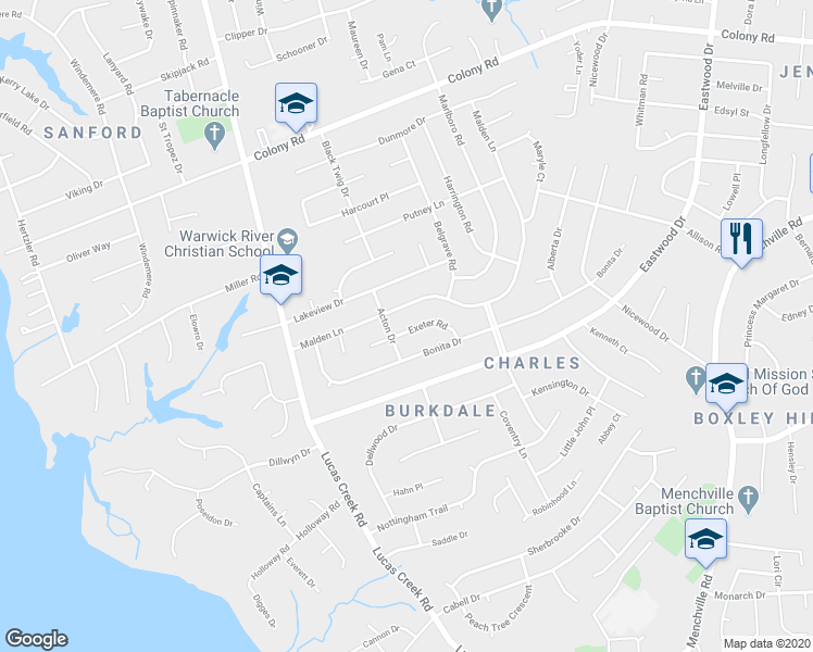 map of restaurants, bars, coffee shops, grocery stores, and more near 271 Exeter Road in Newport News