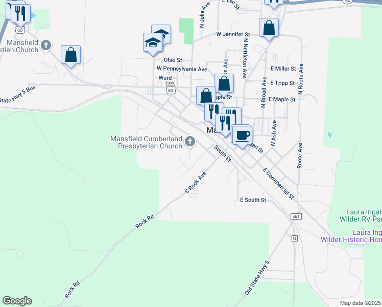 map of restaurants, bars, coffee shops, grocery stores, and more near 407-411 West Keith Street in Mansfield