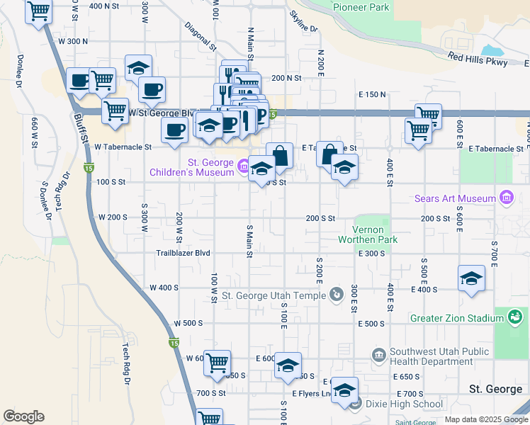 map of restaurants, bars, coffee shops, grocery stores, and more near 45 East 200 South in St. George