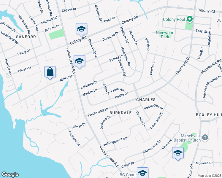 map of restaurants, bars, coffee shops, grocery stores, and more near 271 Exeter Road in Newport News