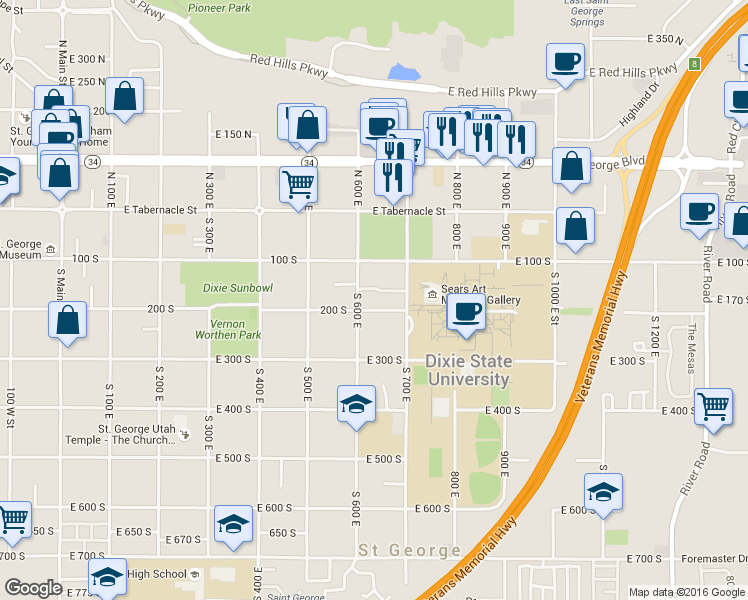 map of restaurants, bars, coffee shops, grocery stores, and more near 631 East 200 South in St. George