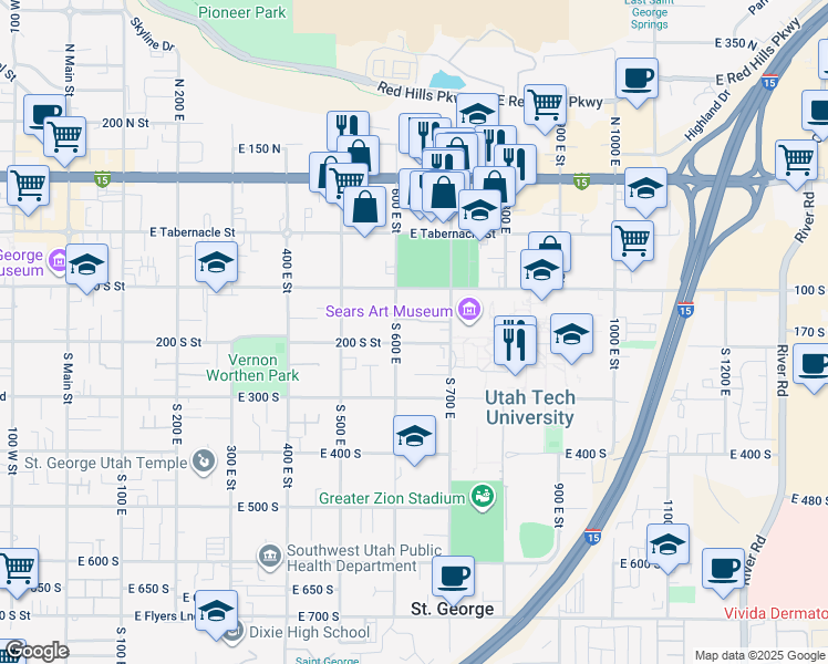 map of restaurants, bars, coffee shops, grocery stores, and more near 631 East 200 South in St. George