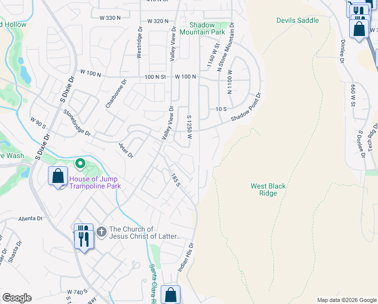 map of restaurants, bars, coffee shops, grocery stores, and more near 1253 West Las Hurdes Drive in St. George