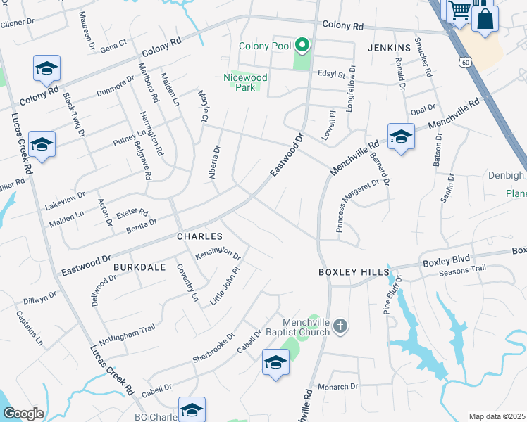 map of restaurants, bars, coffee shops, grocery stores, and more near 126 Nicewood Drive in Newport News