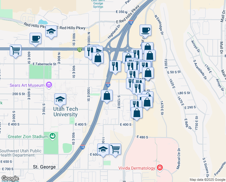 map of restaurants, bars, coffee shops, grocery stores, and more near Veterans Memorial Highway in St. George