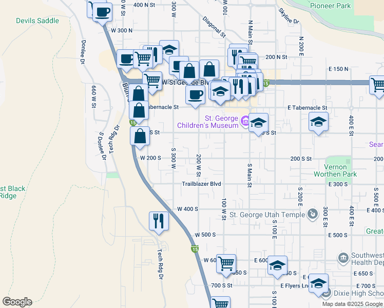 map of restaurants, bars, coffee shops, grocery stores, and more near 240 West 200 South in St. George