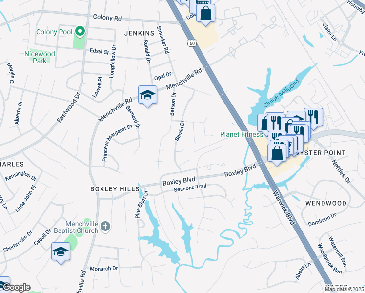 map of restaurants, bars, coffee shops, grocery stores, and more near 268 Sanlin Drive in Newport News