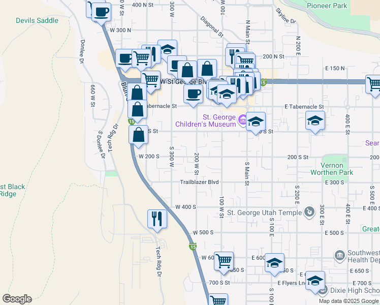 map of restaurants, bars, coffee shops, grocery stores, and more near 240 West 200 South in St. George