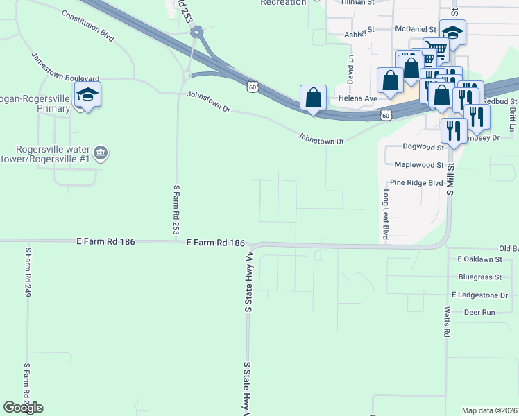 map of restaurants, bars, coffee shops, grocery stores, and more near 10263 East Farm Road 186 in Rogersville